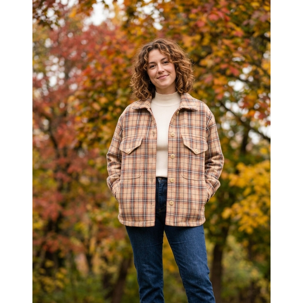 Pendleton Plaid Cotton Button Front Shacket Shirt Jacket Tan Petite XS